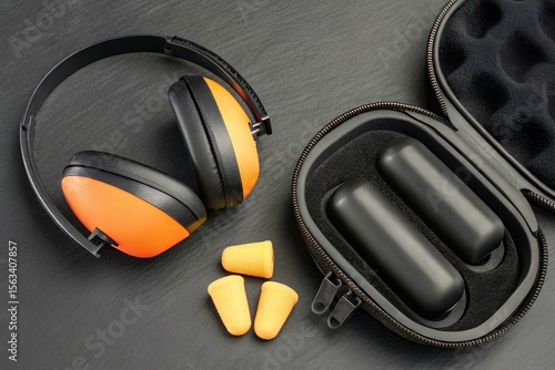 Bright orange industrial earmuffs and yellow foam earplugs flat lay with a protective black hard case, ideal for noise reduction and hearing safety equipment setups