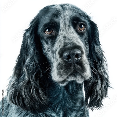 Blue Picardy Spaniel Dog with Long Wavy Blue-gray Coat and Droopy Ears Isolated on White Background Head Portrait Close-up