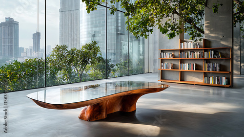Elegant wooden coffee table in modern urban apartment interior design showcase contemporary style natural light minimalist concept
