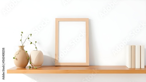 Small vertical wooden frame mockup in scandi style interior with trailing green plant in pot, pile of books and shelf on empty neutral white wall background. A4, A3 format. 3d rendering, illustration