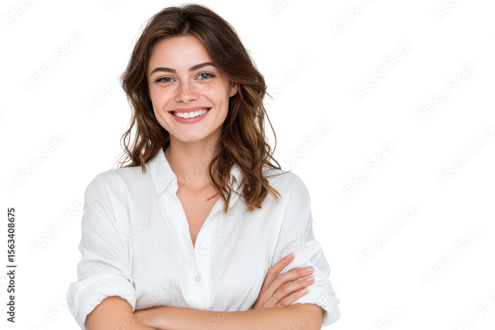 Happy woman in white shirt arms crossed smiling isolated on a transparent background Happy woman in white shirt arms crossed smiling isolated on a transparent background