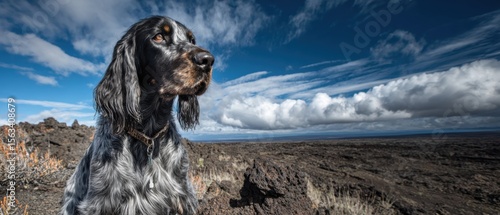 Blue Picardy Spaniel Dog with Long Wavy Blue-gray Coat and Droopy Ears Volcanic Landscape Lava Fields Dramatic Panorama