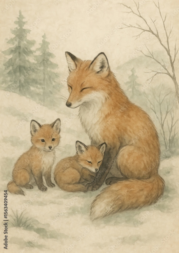 Fototapeta premium Fox family in snowy forest