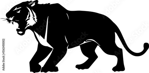 Roaring Tiger Silhouette Vector Black Big Cat Clipart on White Background