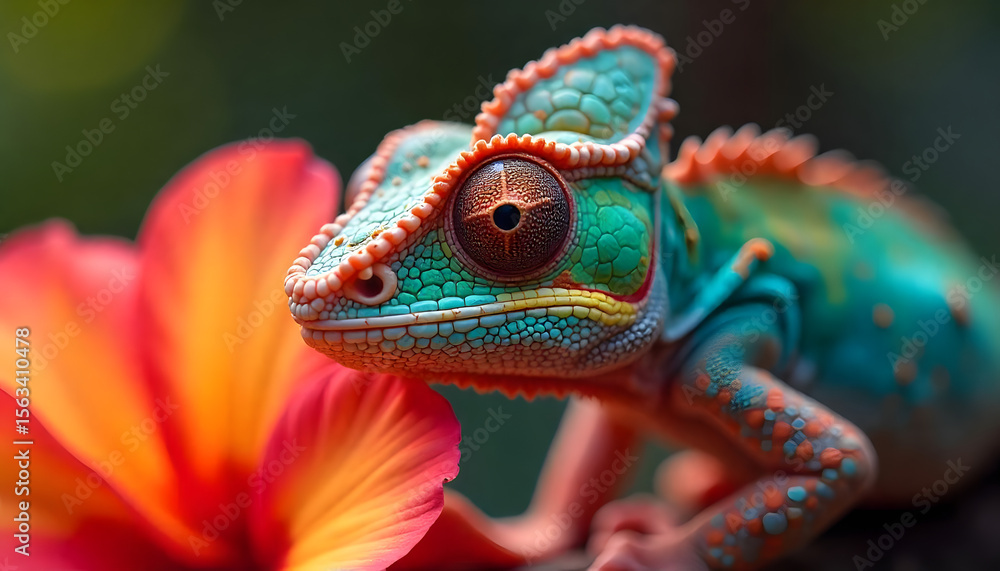 Obraz premium A colorful chameleon and a green iguana, both exotic reptiles, are perched on branches in nature, showcasing their scales and eyes in the wild