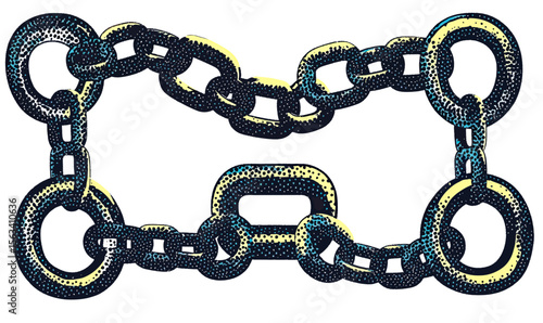 Vintage style connected chain links with textured halftone grain effect in rectangular arrangement vector illustration design
