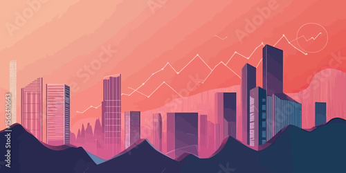 Abstract city skyline with modern skyscrapers and rising financial graph lines over pink sunset background for business growth and urban investment concept