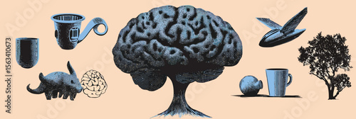 Surreal brain shaped tree with cup, saucer, armadillo figure, apple, and abstract floating elements in retro halftone stipple style on beige background