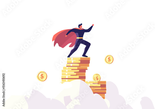 Businessman superhero standing on stacks of gold coins with flying dollar coins around symbolizing financial success and wealth growth concept in flat vector style