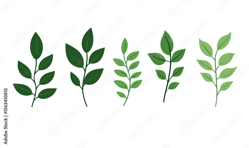 Fototapeta premium Set of five green leaf branch icons with varying shades of green in flat minimalist vector style isolated on white background