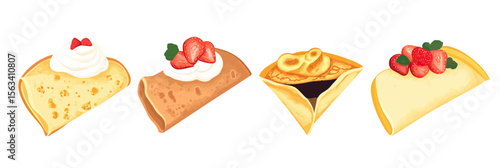 Flat minimalist vector set of sweet crepes and pancakes with various fruit fillings and whipped cream toppings in bright colors for dessert illustration collection