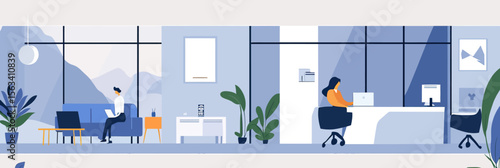 Modern office interior with employees working on laptops and computers in spacious open plan workspace with large windows and plants minimal flat vector illustration