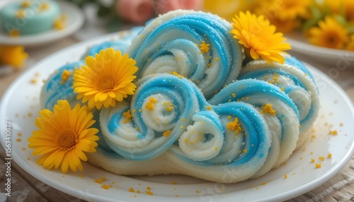 Delicious cloud bread with blue and white colors, decorated with marigold flowers. Roti Awan, trendy viral snack. Concept of sweet food, baking, desserts, confectionery, cake shop
