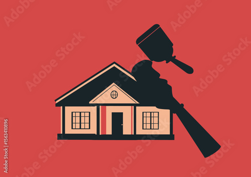 House foreclosure legal auction concept with judge gavel striking residential home silhouette on red background vector illustration