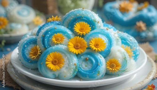 Delicious cloud bread with blue and white colors, decorated with marigold flowers. Roti Awan, trendy viral snack. Concept of sweet food, baking, desserts, confectionery, cake shop