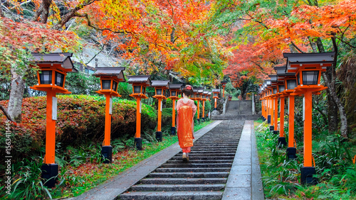 Wallpaper Mural Japanese Woman in Traditional Kimono Dress at Kuramadera in a beautiful autumn scenery in Kyoto, Japan  Torontodigital.ca