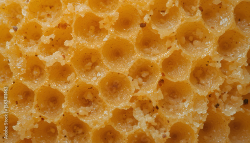 Close-up macro of porous honey cake and honeycomb texture