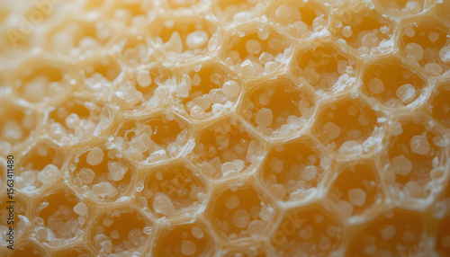 Close-up macro of golden yellow honeycomb with sweet, natural honey and beeswax cells