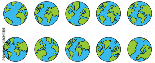 Flat Globe Earth Icons Set with Different Continent Views and Outline Design