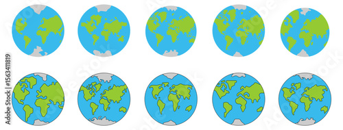 Flat Globe Earth Icons Set with Different Continent Views