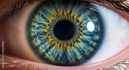 Macro closeup illustration of a woman's eye with a blue iris and pupil, showcasing the intricate human optic anatomy