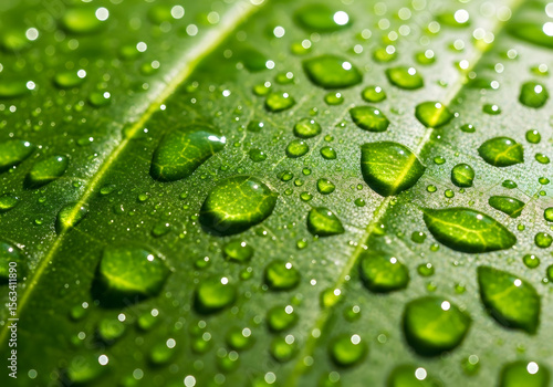 Macro shot of fresh green leaf with sparkling water drops after rain, highlighting nature's dewy freshness