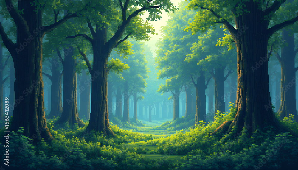 Fototapeta premium Enchanted Forest Path: Lush Green Trees, Sunlight, Serene Nature Landscape, Fantasy Art Style, Tranquil Woods Scene, Scenic Wallpaper