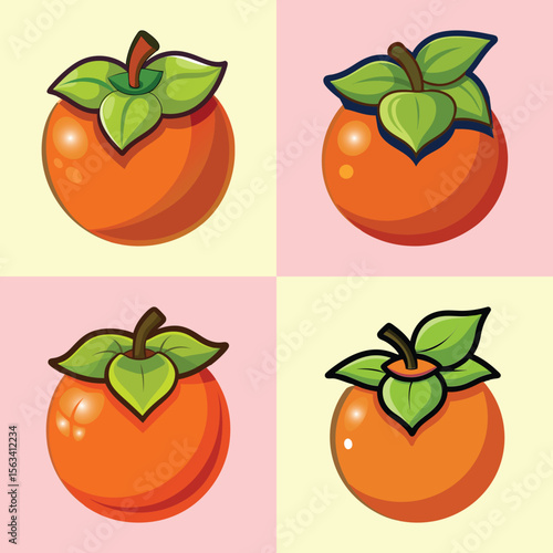 Flat Persimmon Illustration – Sweet Orange Autumn Fruit and Vitamin A Vector Icon