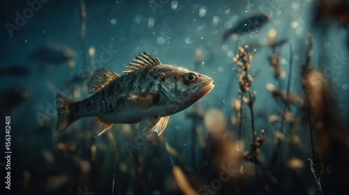 Underwater world: a fish swims in a blurred setting of aquatic vegetation