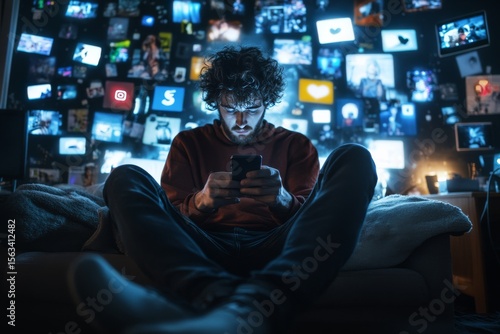 Wallpaper Mural A man surrounded by televisions and information with a phone in his hands. Generative AI Torontodigital.ca