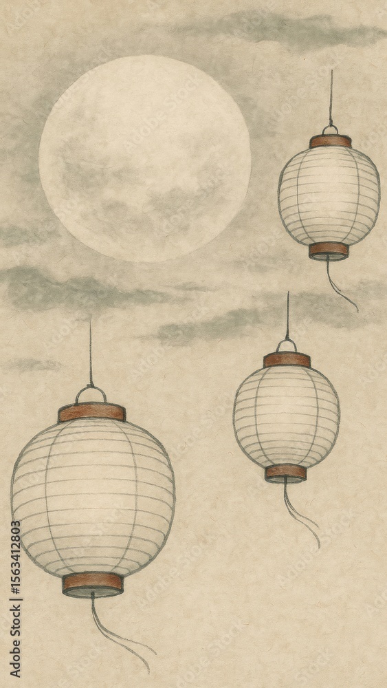 Obraz premium Serene lanterns under moonlight.