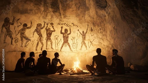 Ancient humans gather around a fire in a cave, discussing and admiring the ancient rock art illuminated by flames