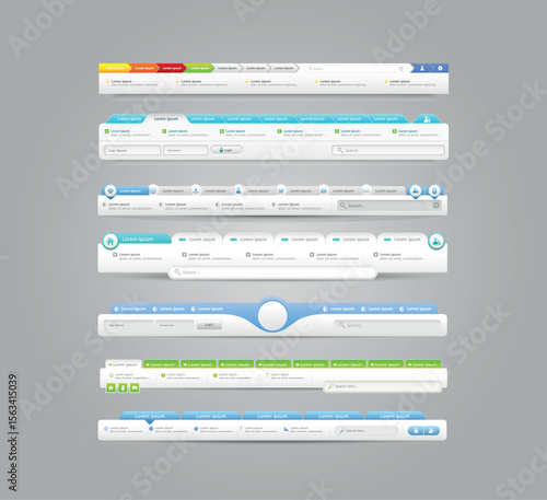 Vector illustration of navigation menu. Horizontal vector menu. UI element. Web Design Menu Navigation Bar Website Header Element Glossy and Matte.