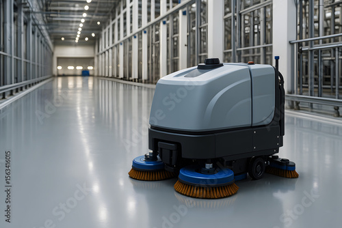 Automated floor scrubber machine in industrial setting