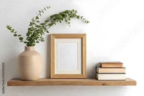 Small vertical wooden frame mockup in scandi style interior with trailing green plant in pot, pile of books and shelf on empty neutral white wall background. A4, A3 format. 3d rendering, illustration