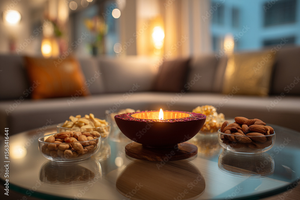 Naklejka premium A glowing clay diya placed on a glass-top coffee table surrounded by small bowls of dry fruits and Indian sweets, modern living room background, elegant festive decor, soft background blur.