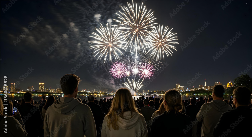 Obraz premium Three friends watch gold and white fireworks over a blurred city crowd.