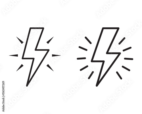 Black Outline Lightning Bolt and Electric Shock Icons, vector illustration