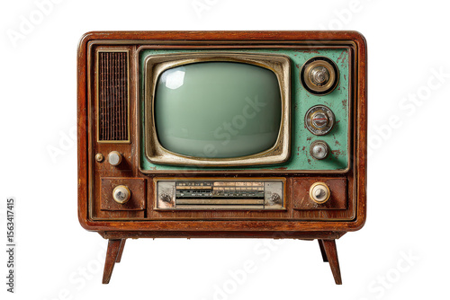 Vintage Television Retro Radio Antique Electronics Nostalgia Green Teal Brown Wood isolated on a transparent background