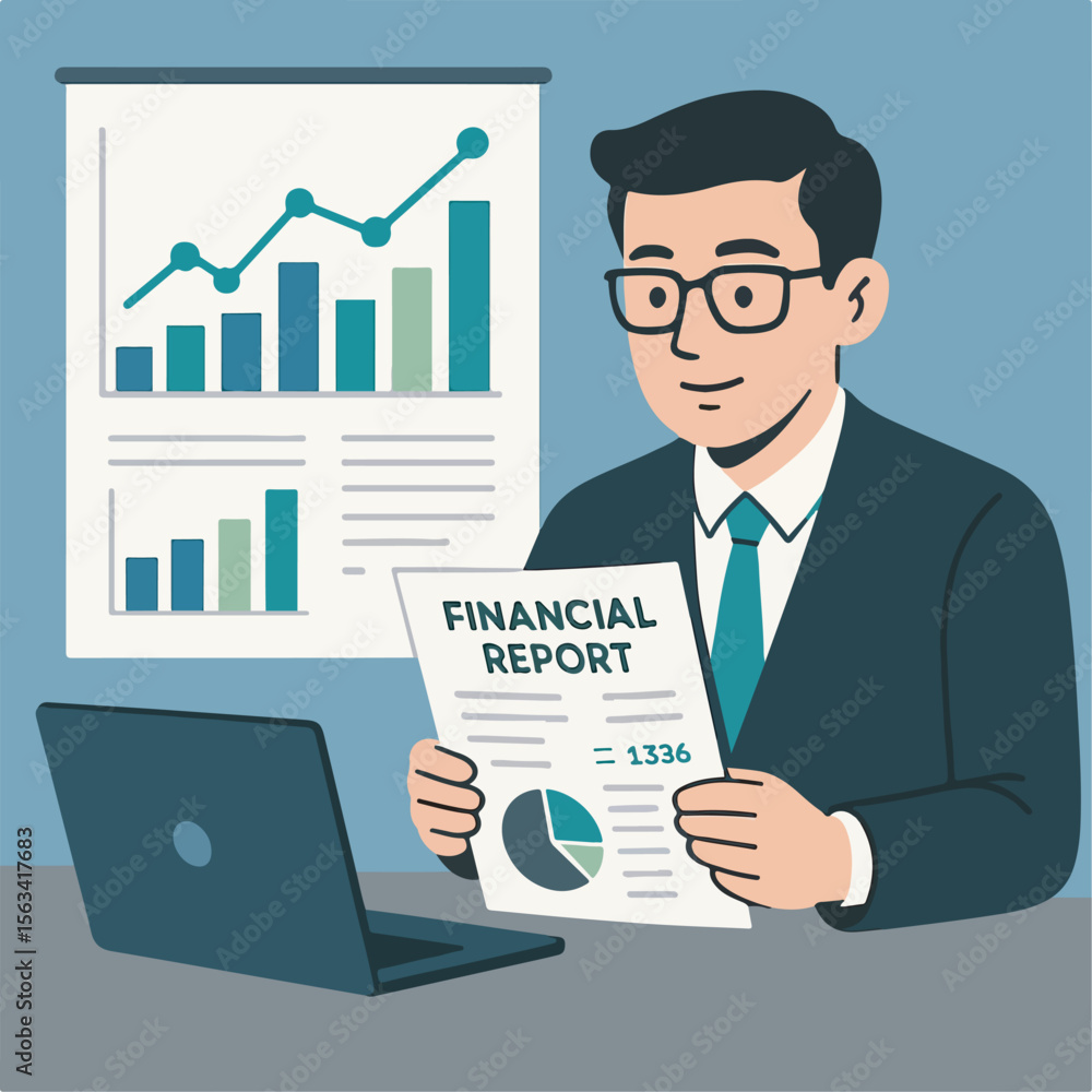 Businessman presenting a financial growth chart on a screen in an office, symbolizing market success and profit Businessman presenting a financial growth chart on a screen in an office, symbolizing market success and profit