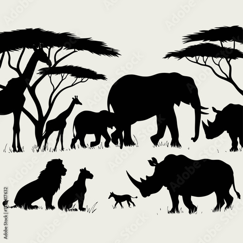 Black silhouettes of African safari animals—including lions, elephants, giraffes, and rhinos—grouped beneath acacia trees in stylized horizontal scenes on a white background.

