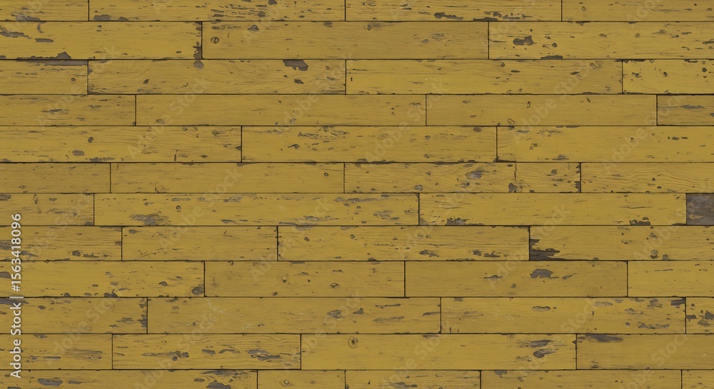 Fototapeta premium Distressed yellow wooden planks aged with chipped paint and visible wood grain forming a rustic textured surface
