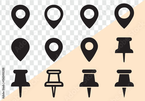 Black location pins and pushpins on checkered and plain backgrounds marker pointer