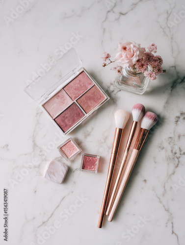 Clean and minimalistic flat lay featuring blush palette, makeup brushes, and small vase with flowers, creating serene and elegant atmosphere