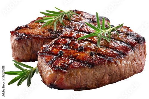 Grilled steaks with rosemary garnish delicious meal isolated on a transparent background