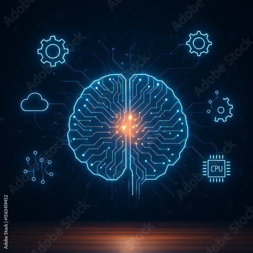 Futuristic brain interface with glowing neural data network for artificial intelligence technology
