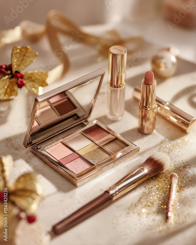 Sophisticated holiday themed flat lay featuring blush palette, lipstick, and makeup brush arranged elegantly with festive decorations. warm tones evoke sense of celebration and beauty