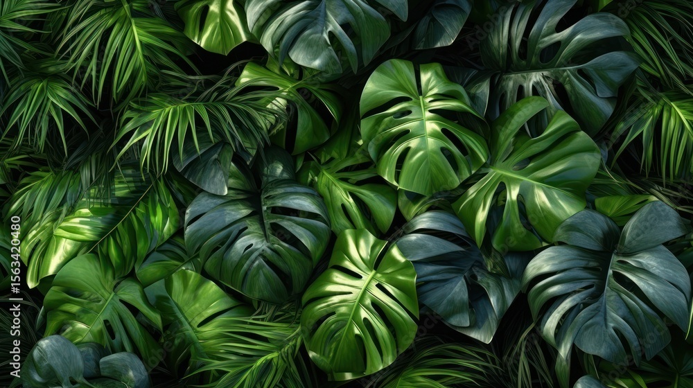 Fototapeta premium Fresh green palm tree foliage in a lush garden