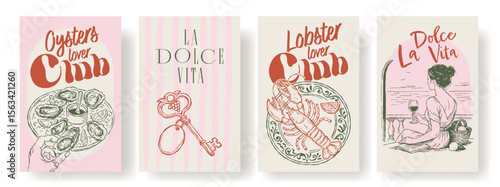 Set of aesthetic Italian-themed posters with oysters, lobster, key, and woman drinking wine. Text “Oysters Lover Club”, “Lobster Lover Club”, and “La Dolce Vita”. Coastal vintage design, Mediterranean