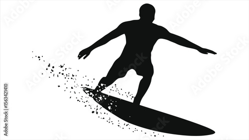 A surfer silhouette gracefully rides a wave, isolated on white background